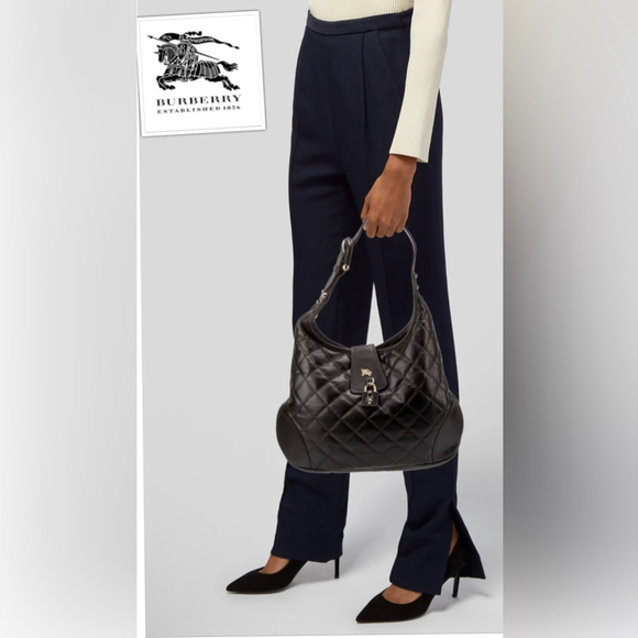 Burberry Black Patent Leather Quilted ‘Brooke’ Hobo Shoulder Bag w Lock Detail